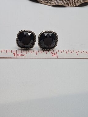 Classic Black Faceted Gem Stud Earrings with Silver Rope Frame